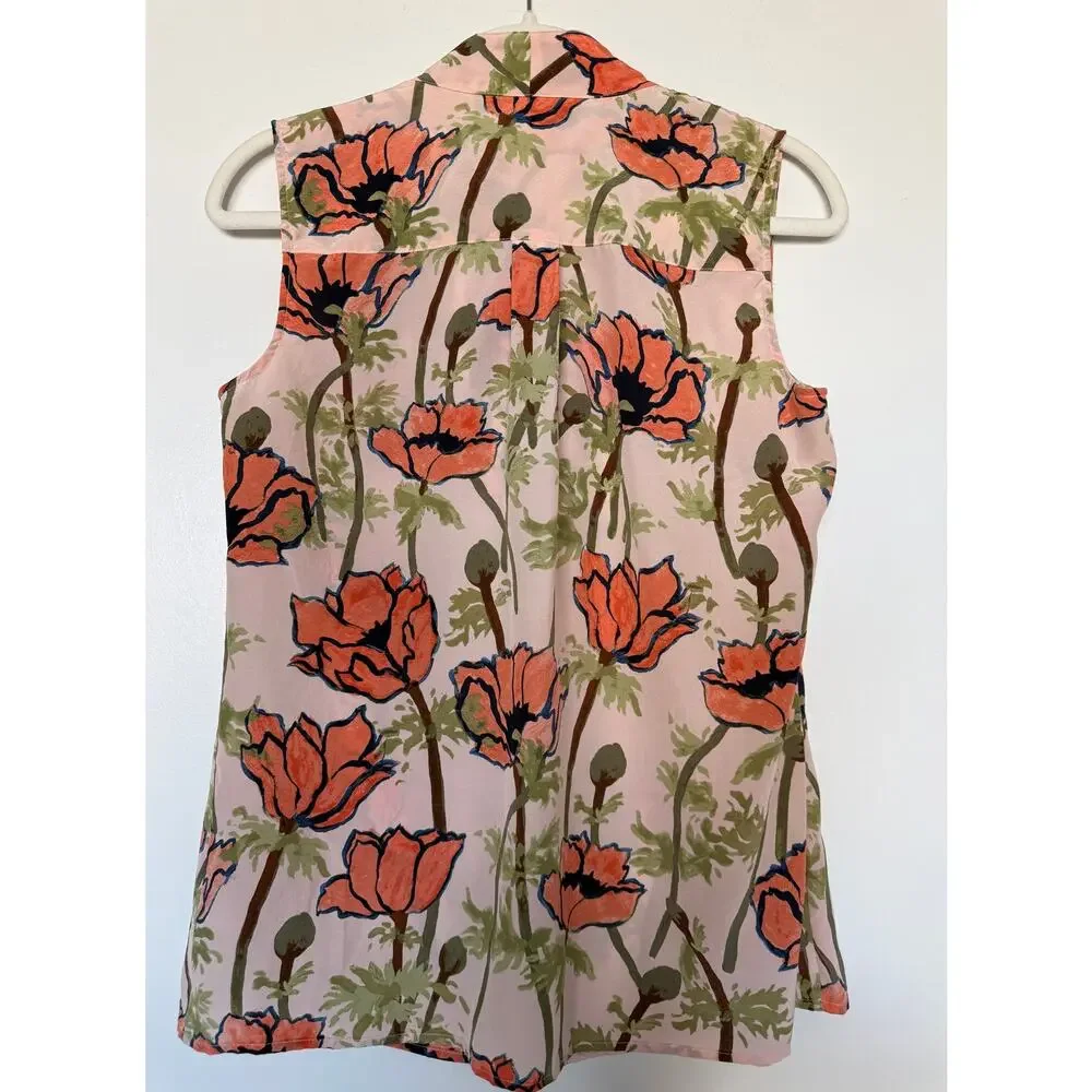 Tory Burch 4 Pink Poppy Floral 100% Silk Sleeveless Tie Neck Bow Blouse Top ITEM